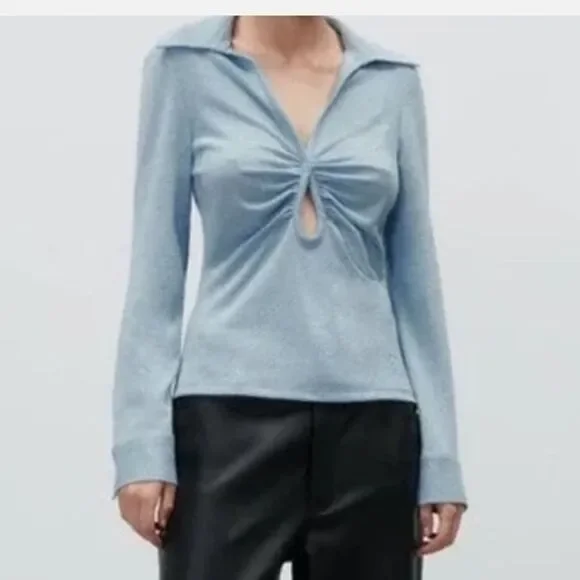 NWOT ZARA Sparkle Ruched Button Front Cutout Long Sleeve Blouse Light Blue Sz S