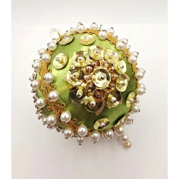 Vintage Sequin Beaded Push-Pin Christmas Ornament Round Green Gold Sparkle 3.5