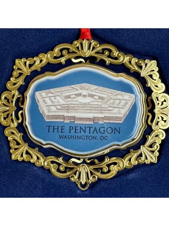 The Pentagon NIB Porcelain Brass Ornament 2013 Fort America 24 KT Gold Accents