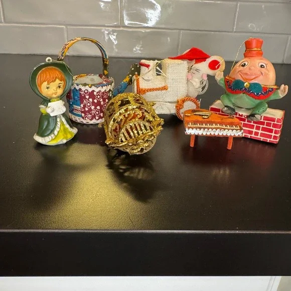 Vintage Christmas Ornament Lot Mixed 6pc Multicolor Humpty Dumpty Kitsch Retro