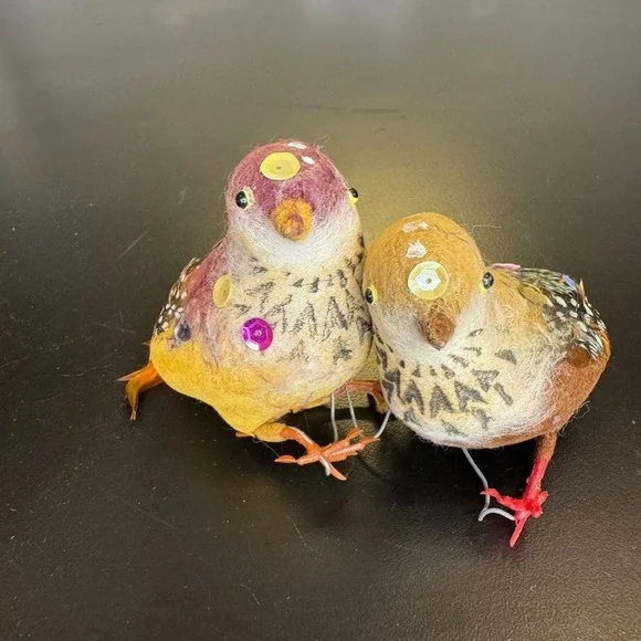 Vintage Bird Ornaments Set of 2 Small Multicolor Sequin Feathered Flocked Decor