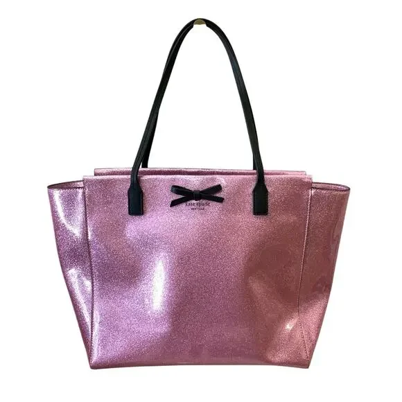 Kate Spade Mavis Street Taden Large Tote Bag Pink Glitter Finish Zip Closure