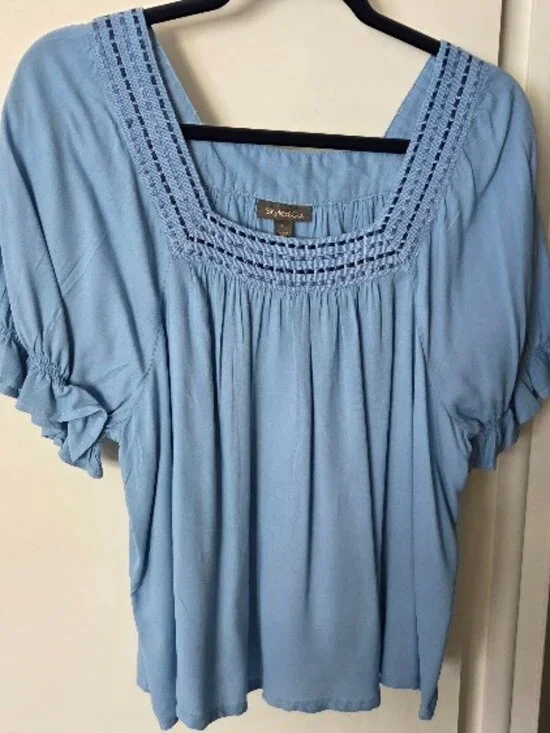 Style & Co Blue Peasant Top with Woven Ribbon Neckline Detail - Sz L