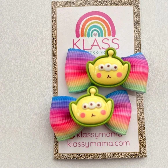 Klass Toy Story Alien Inspired Mini Rainbow Grosgrain Hair Bow Clips Set of 2