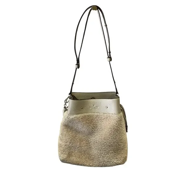 Kate Spade Marti Shearling Large Bucket Bag Beige Leather + Ice Skate Keychain