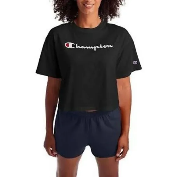 Champion Black Cropped Logo T-Shirt Size Small