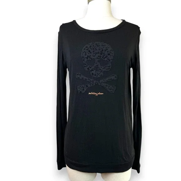 Betsey Johnson Performance Skull Leopard Top Womens Small Black Goth Edgy Punk