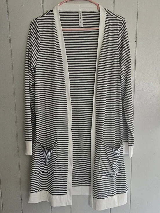 Tickled teal Grey and White Striped Open Cardigan