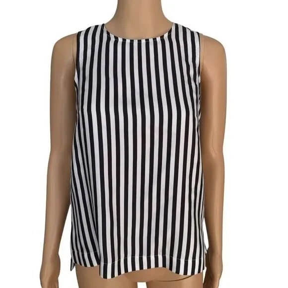 J. Crew 100% Silk Black White Stripe Sleeveless Blouse Top Sz 00