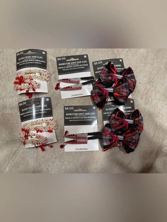 Halloween Red Plaid Bow Hair Clips with Red & Pearl Bead Clips