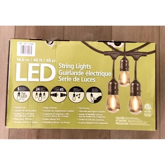 Feit Electric  48ft LED String Light - Black 24 Sockets/ LED Bulbs New Open Box