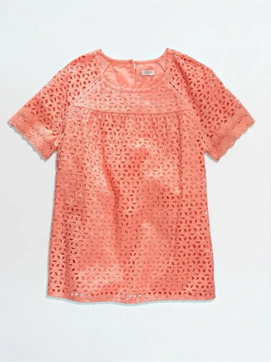 J.Crew Bright Orange Pink Coral Vintage Short Sleeve Eyelet Top Blouse size 4