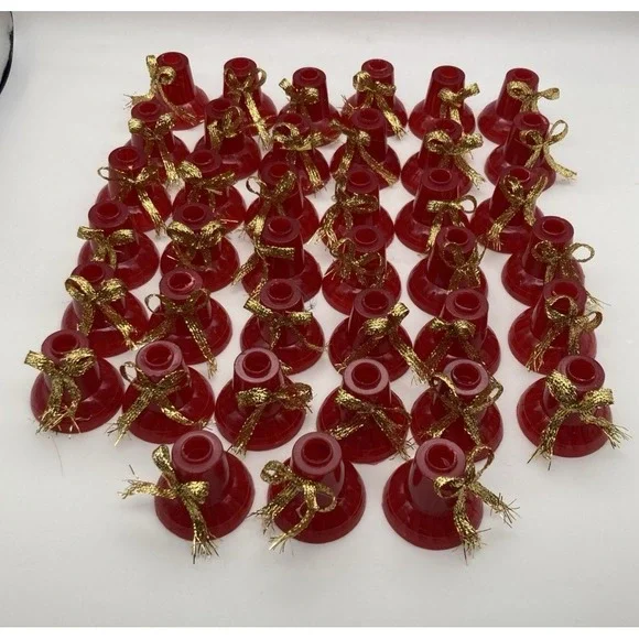 Set Of 39 Vintage Red Plastic Bells Christmas Light Covers Gold Bow