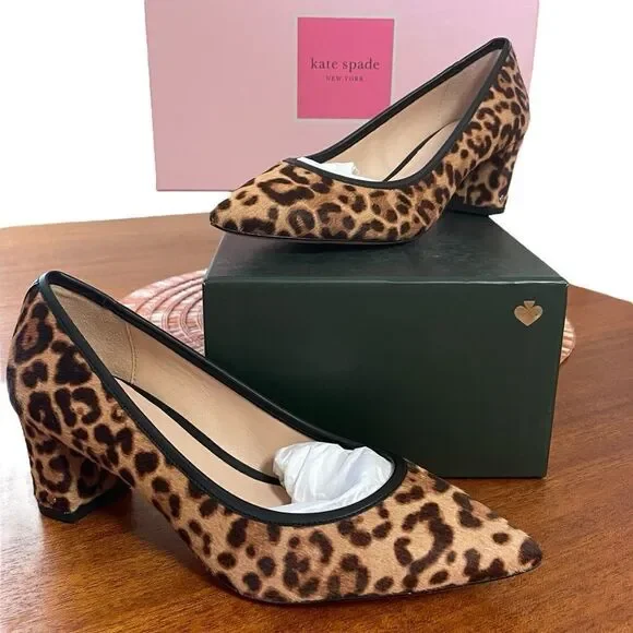 NIB Kate Spade Menorca Calf Hair Pointed Toe Pump Block Heel Brown Black Sz 5.5