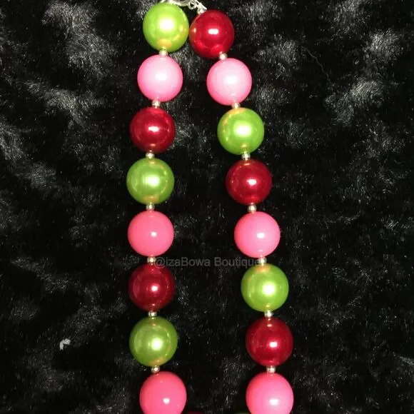 Red, Green & Pink Chunky Bead Necklace   NK7143  Handmade NWT Boutique