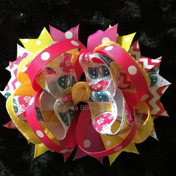 Easter Eggs Pink Polka Dot Boutique Deluxe Bow 5B1748  Handmade NWT Boutique