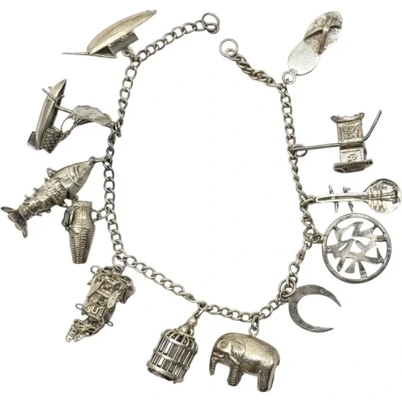 Vintage Chinese Export Silver 12 Charm Bracelet OS Silver Fair Articulated Fish