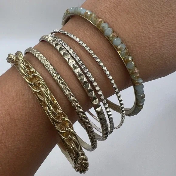 Mixed Metal Bangle Bracelet Set 6pc Gold Silver Tone Beaded Studded Textured