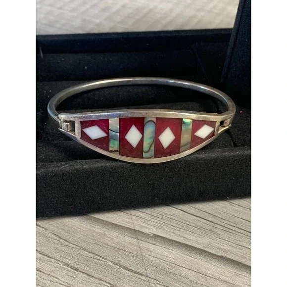 Vintage Alpaca Mexico Abalone Mother of Pearl Inlay Red Bangle Bracelet 6.5in