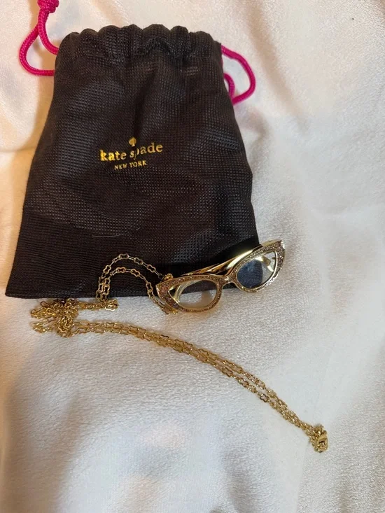 Kate Spade New‎ York Gold Glitter Cat Eye Glasses Pendant Necklace with Pouch