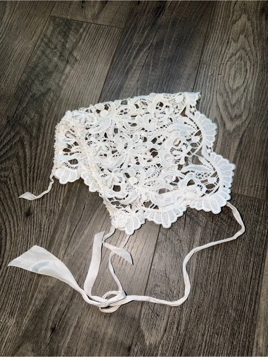 White Lace Bonnet with Ties