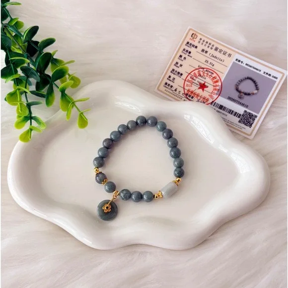 Authentic Jadeite Beaded Bracelet with Jade Donut & Flower Charm 23.31g