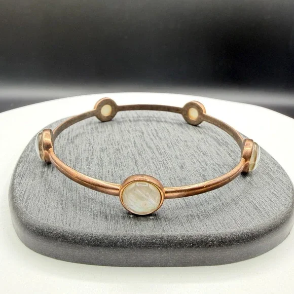 Pearlescent Shell Cabochon Copper Tone Bangle Bracelet Boho Statement Jewelry