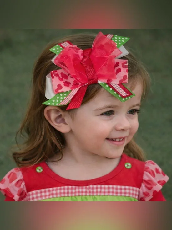 Girls Layered‎ Ribbon Hair Bow - Red, Pink & Green Camo Polka Dots