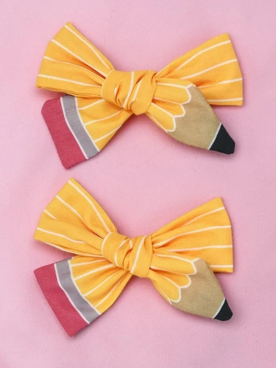 Yellow Pencil Print Kids Hair Bows - Set of 2