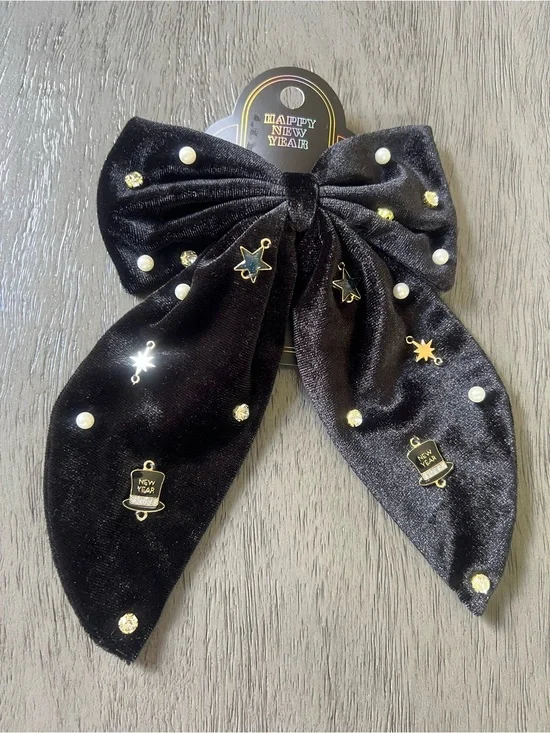 New Year's Black VelvNew Year's Black Velvet Bow Hair Clip with Stars