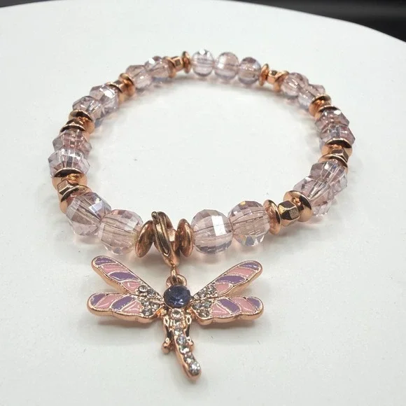 Rose Gold Tone Dragonfly Charm Beaded Stretch Bracelet Pink Crystal Boho Gift