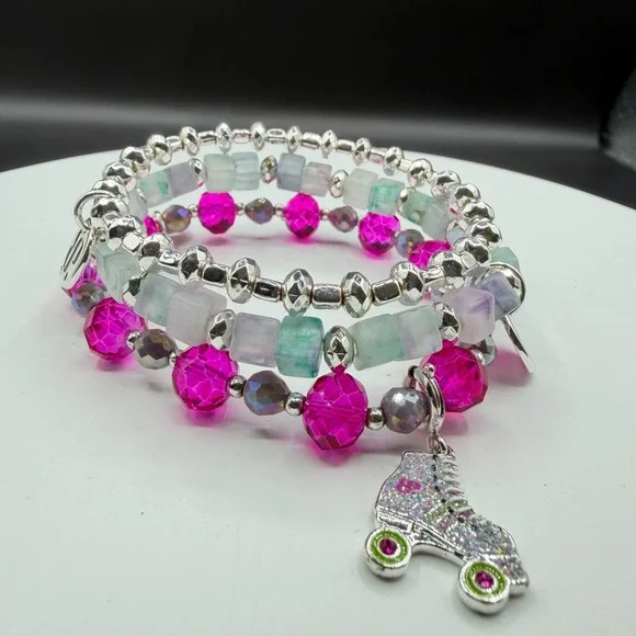 3 Pc Stretch Bracelet Set Pink Crystal Fluorite Beads Roller Skate Charm Boho