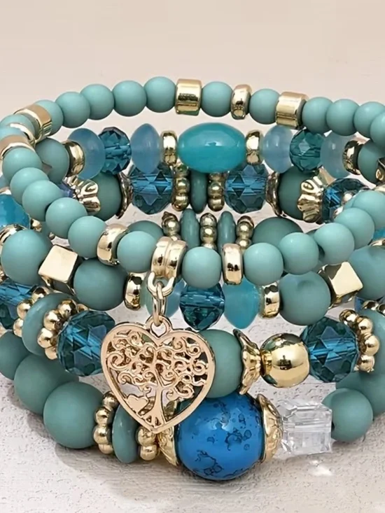 New Gold-Accent Teal Beaded Heart Charm Bracelet Set - Women Jewelry