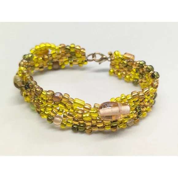 Vtg Handmade Beaded Cuff Bracelet Yellow Amber Green Woven Boho Statement 7.5‎
