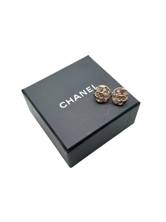 Chanel CC Logo Round Earrings 16 Rhinestone Color Stone Gold Metal