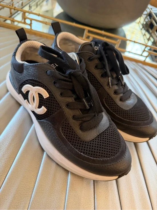 CHANEL m Black Mesh & Leather Logo Trainer with White Accents