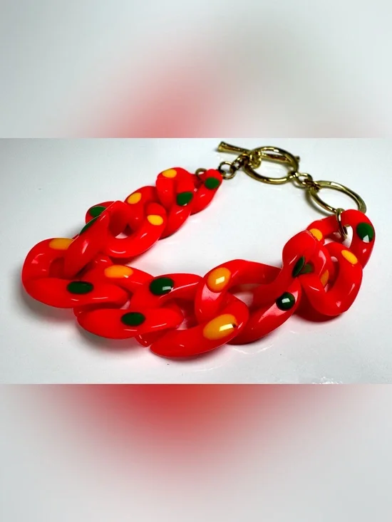 Bright Orange Acrylic Chunky Chain Bracelet with Yellow & Green Accents #1740