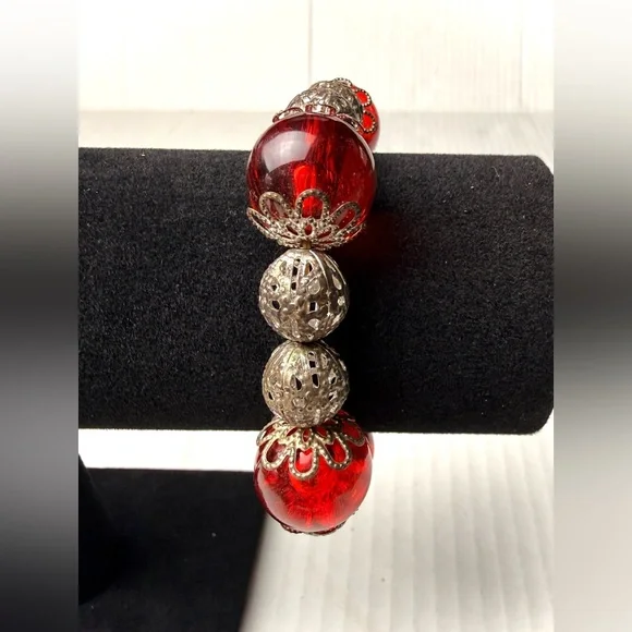 Vintage Red Glass Bead Metal‎ Filigree Spacer Bracelet Silver Tone Mid Century