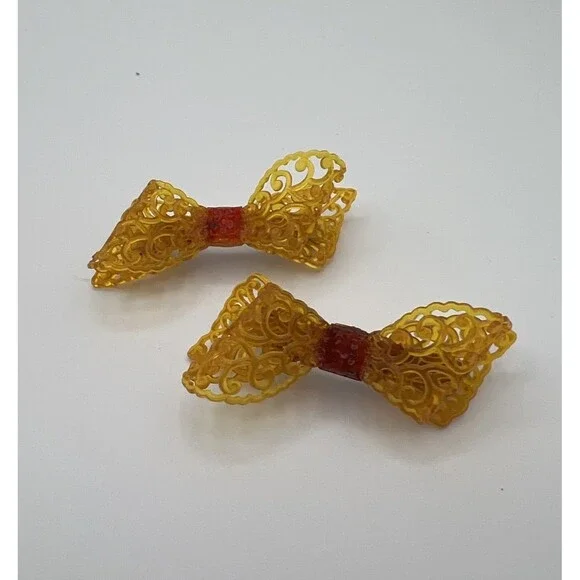 Vintage Plastic Amber Barrettes Bow Hollywood Regency  Translucent Filigree Clip