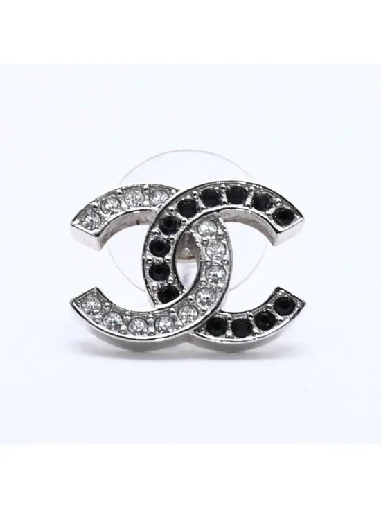 Chanel CC Logo Single Earrings 24 Rhinestone Silver Black Clear
