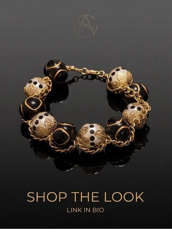 Gold and Black Bead Link Bracelet - Luxury Women’s Jewelry