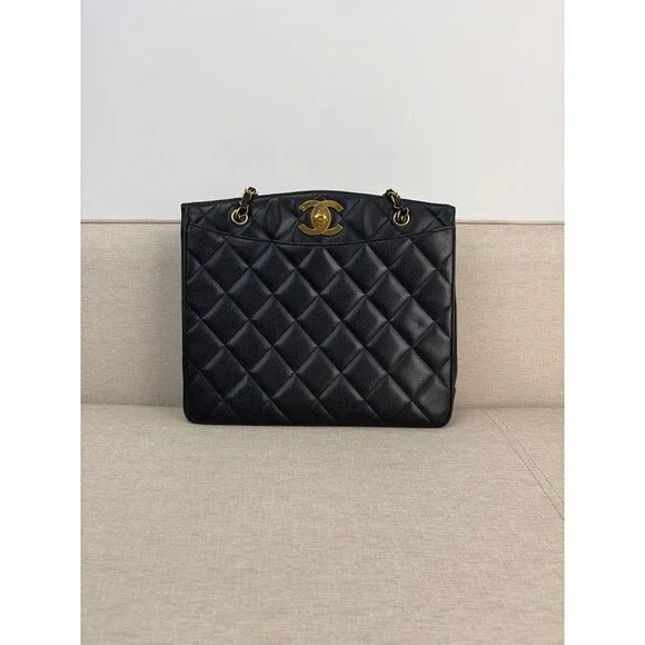 CHANEL Vintage Black Caviar CC Tote Bag 24K GHW