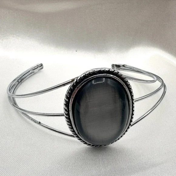 Vintage 80s Navajo Silver Tone Black Cabochon Rope‎ Cuff Bangle Bracelet Jewelry