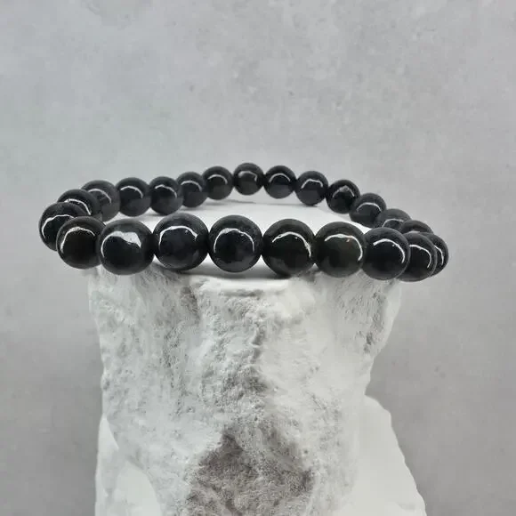 Grade A Natural Black Jade Beaded Stretch Bracelet – 8mm w/ Certificate (18.36g)