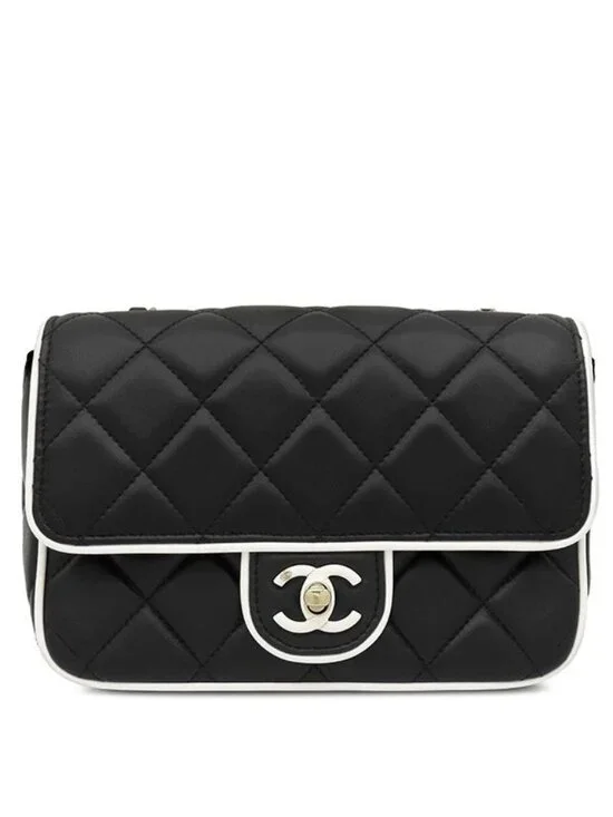 Chanel Shoulder Bag Mini Flap Lambskin Black White Champagne Gold Bicolor