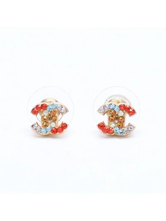 Chanel Earrings CC Logo Rhinestone Gold Multicolor 03