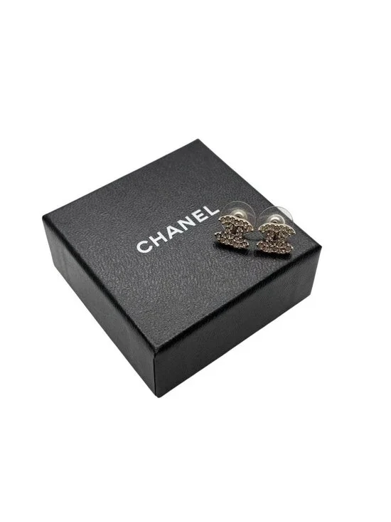 Chanel CC Logo Earrings Rhinestone Metal Gold Plated Clear