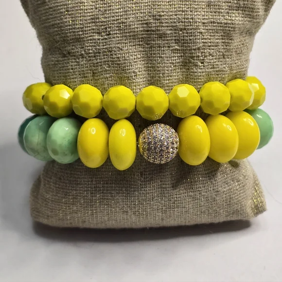 Treska Yellow and Green Faceted Beaded Stretch Bracelet Set‎ New
