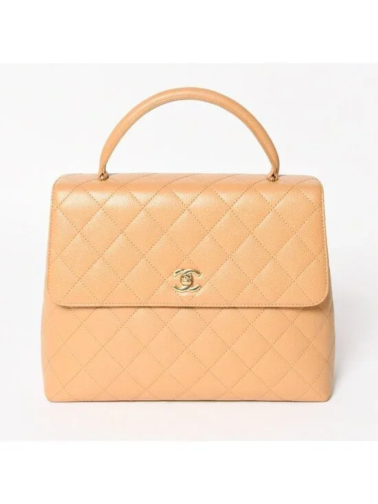 Chanel Top Handle Bag Handbag CC Logo Quilted Caviar Leather Beige Gold