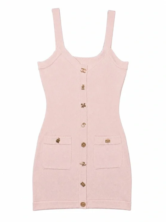 CHANEL Blush Pink Knit Button-Front Mini Dress